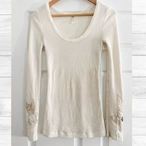 Free People White Long Sleeve Thermal with embroidery sleeves